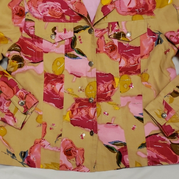 Sandy Starkman Cotton Floral Jacket Tan Pink Women's Medium M - Picture 4 of 8